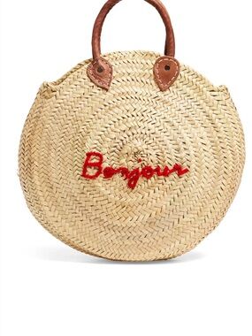 Poolside Le Cercle Round Straw Tote Bag with Red 'Bonjour' Script